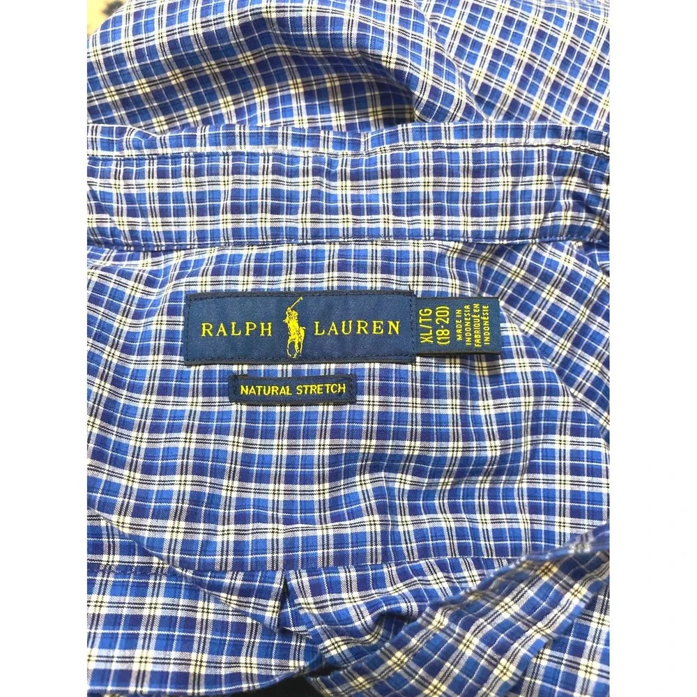 Ralph Lauren Boys‎ Blue Plaid Button Down Shirt Natural Stretch XL 18 20 Preppy
